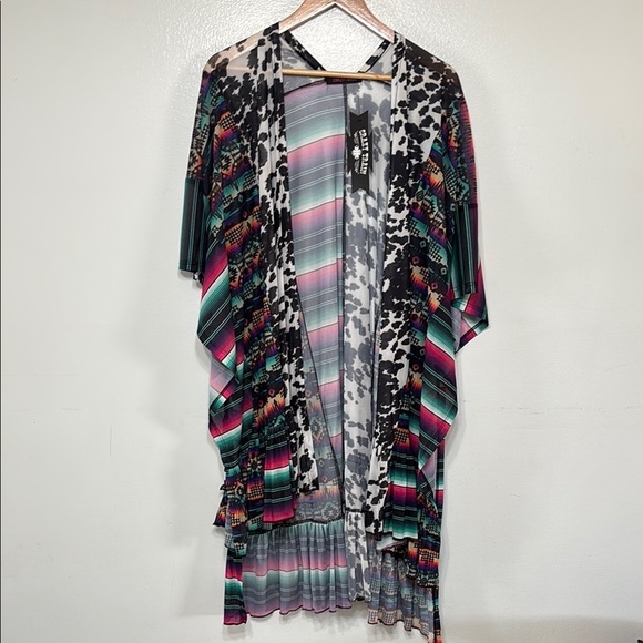 Crazy Train Cow Print Multicolor Aztec Patterned Kimono Caridgan Size O/S - Picture 2 of 7